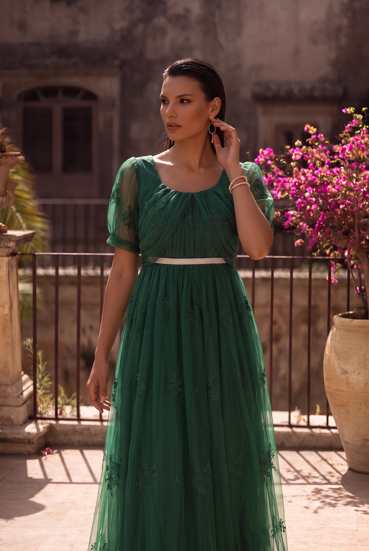 Emerald Embroidery Bridgerton Green Regency Era Ball Gown -Empire Waist Dress - Plus Size