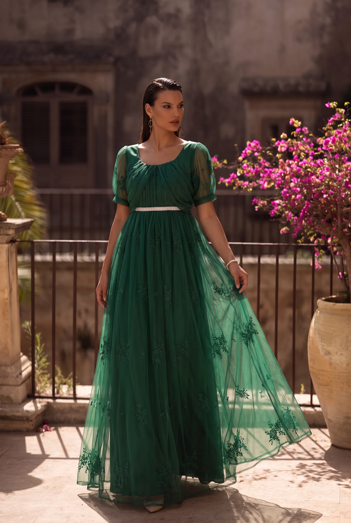 Emerald Embroidery Bridgerton Green Regency Era Ball Gown -Empire Waist Dress - Plus Size