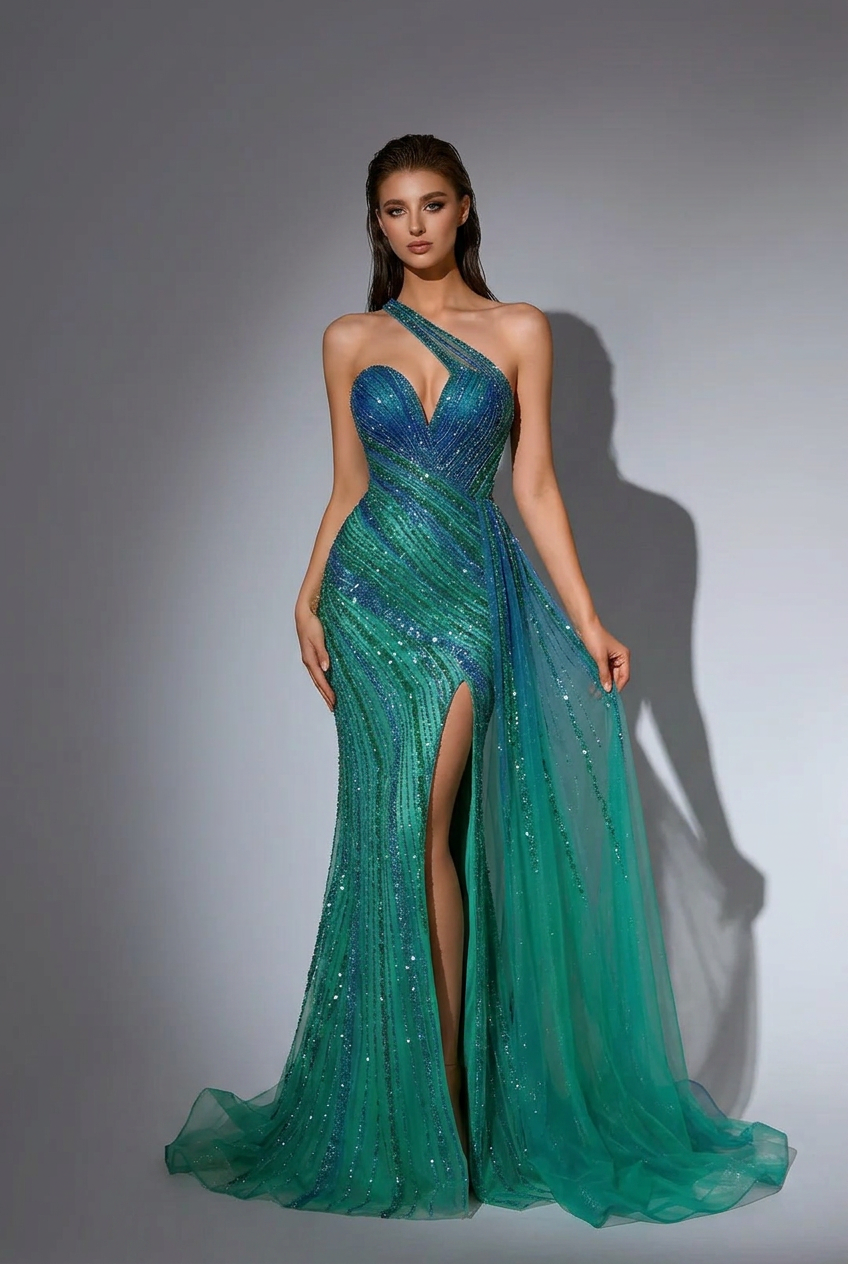 Emerald Green One-Shoulder Sequin Evening Gown with Tulle Overlay Gl WonderlandByLilian Emerald Green One-Shoulder Sequin Evening Gown with Tulle Overlay Gl WonderlandByLilian