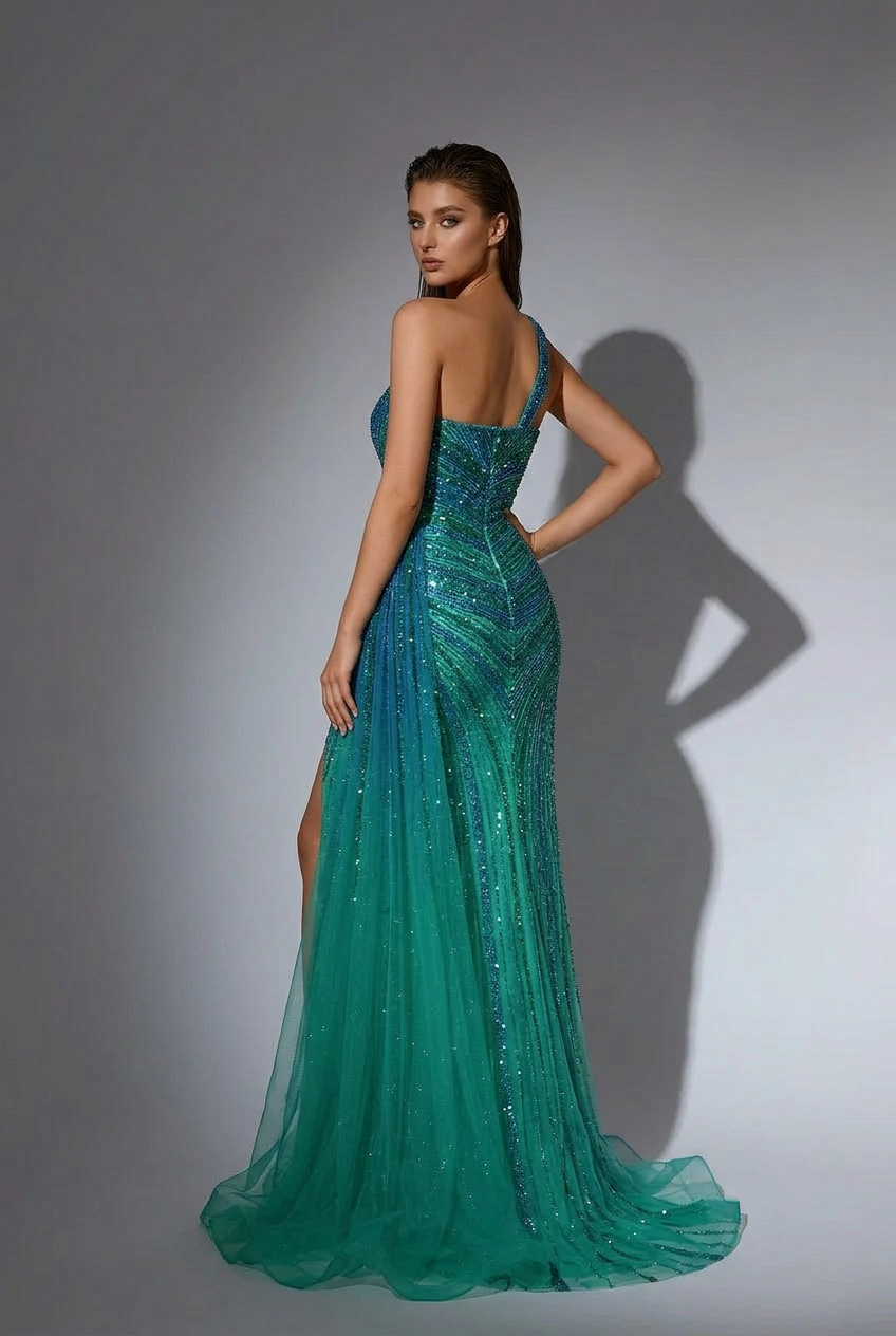 Emerald Green One-Shoulder Sequin Evening Gown with Tulle Overlay – Glitter Maxi Dress with Slit and Beaded Details Plus Size