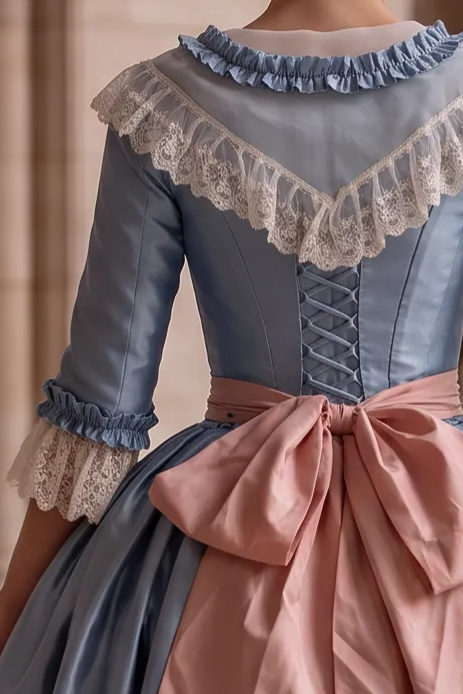 Enchanted Blue Rococo Dress with Pink Bow Accent - Victorian Ball Gown Plus Size