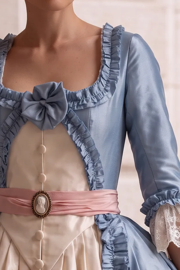 Enchanted Blue Rococo Dress with Pink Bow Accent - Victorian Ball Gown Plus Size
