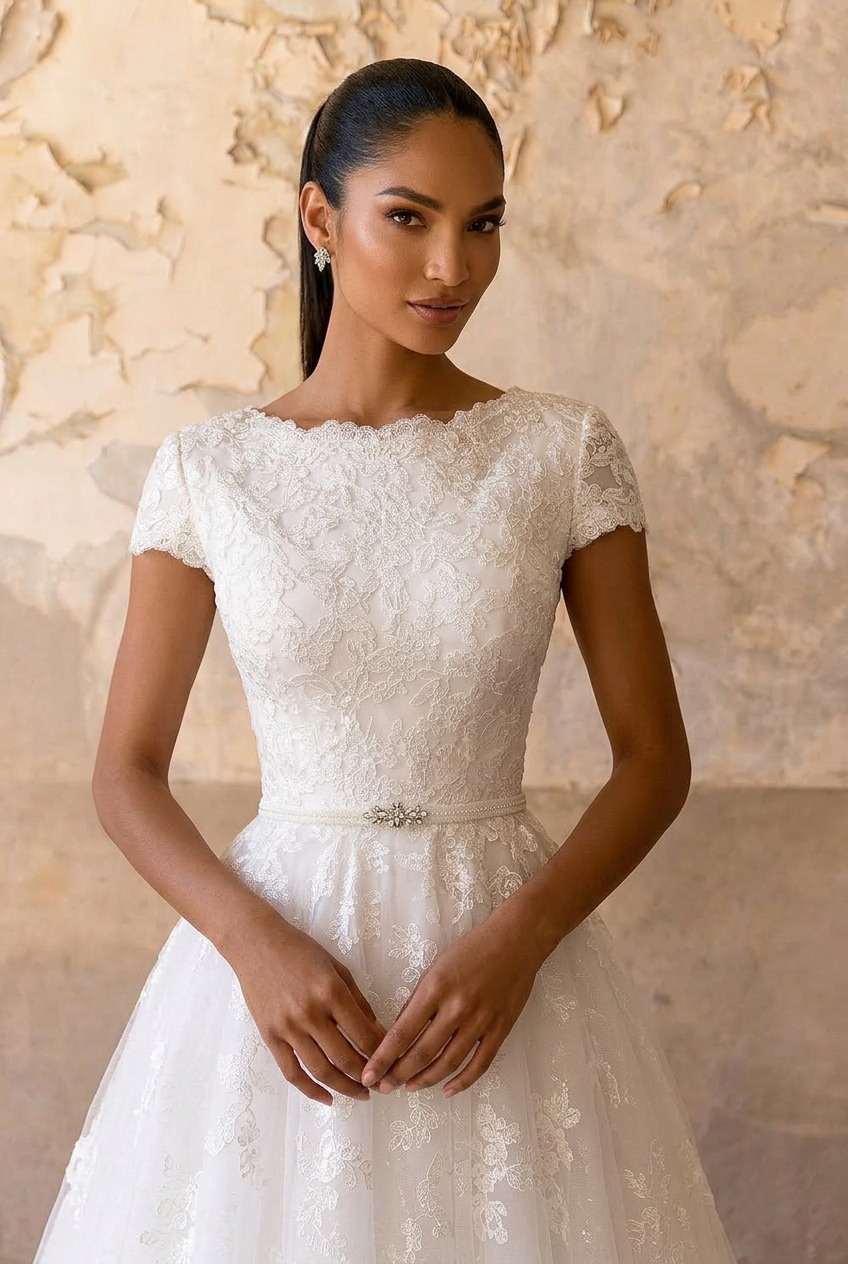 Enchanting Elegance: Ready-to-Wear Modest Lace Wedding Dress with Short Sleeves  Plus Size