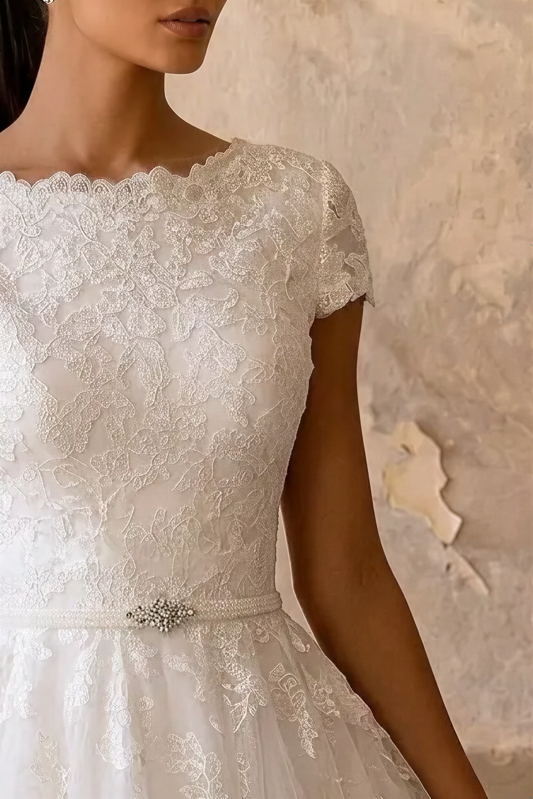 Enchanting Elegance: Ready-to-Wear Modest Lace Wedding Dress with Short Sleeves  Plus Size
