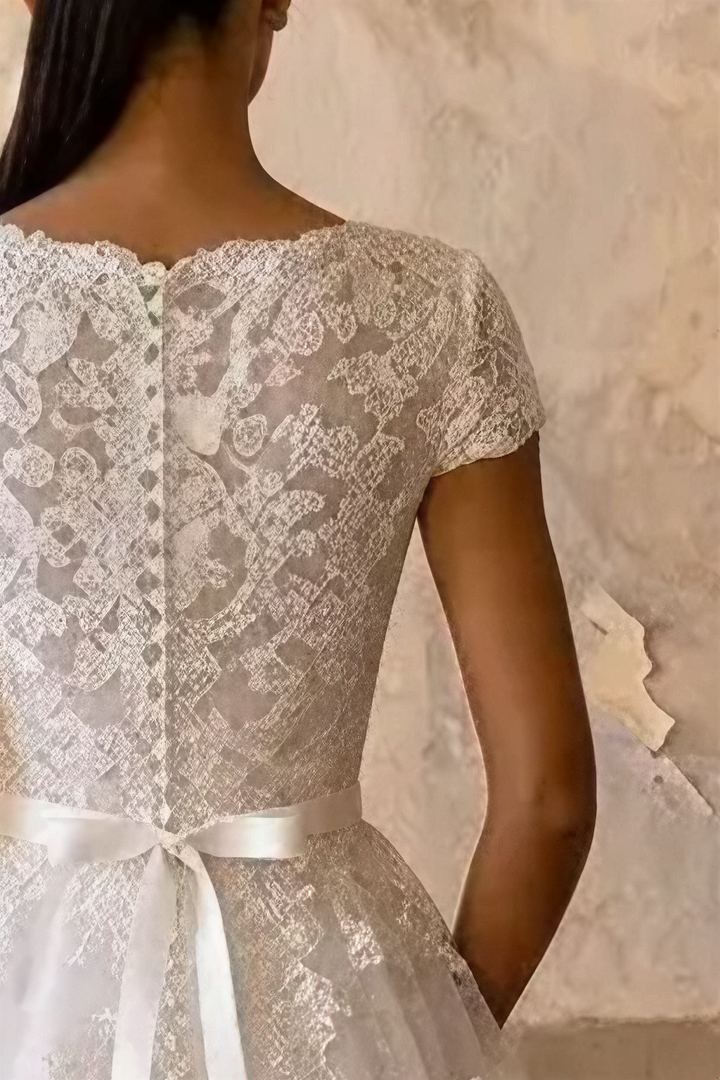 Enchanting Elegance: Ready-to-Wear Modest Lace Wedding Dress with Short Sleeves  Plus Size