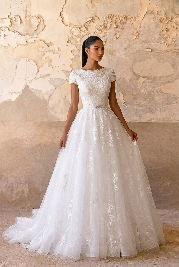 Enchanting Elegance: Ready-to-Wear Modest Lace Wedding Dress with Short Sleeves  Plus Size