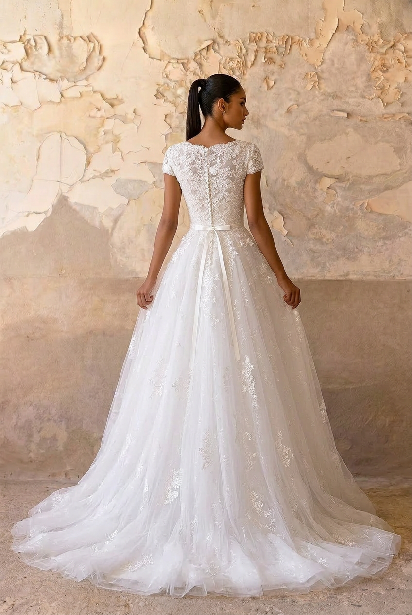 Enchanting Elegance: Ready-to-Wear Modest Lace Wedding Dress with Short Sleeves  Plus Size