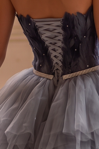 Enchanting Gray Feathered High-Low Wedding Dress - Layered Tulle Ruffle Gown - Strapless Corset Bridal Gown Plus Size