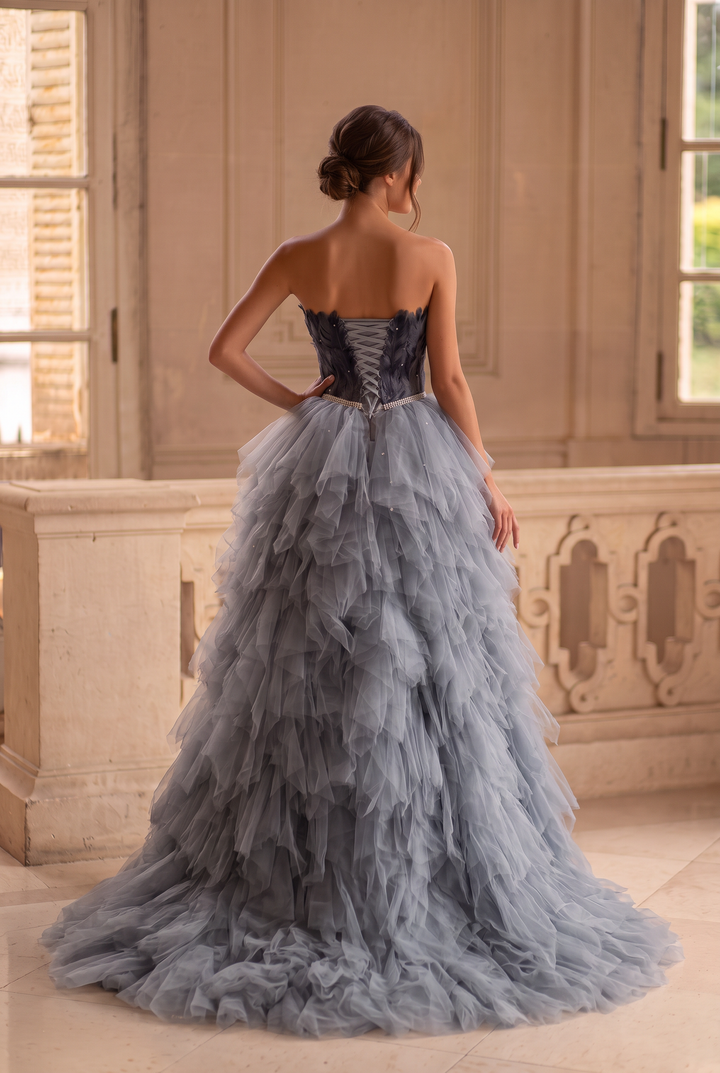 Enchanting Gray Feathered High-Low Wedding Dress - Layered Tulle Ruffle Gown - Strapless Corset Bridal Gown Plus Size