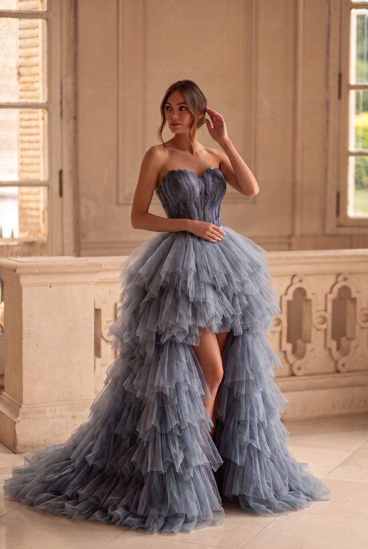 Enchanting Gray Feathered High-Low Wedding Dress - Layered Tulle Ruffle Gown - Strapless Corset Bridal Gown Plus Size