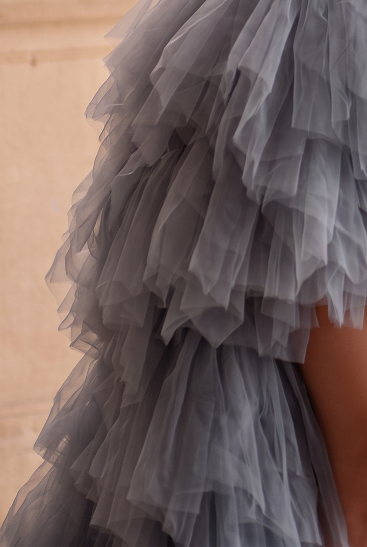 Enchanting Gray Feathered High-Low Wedding Dress - Layered Tulle Ruffle Gown - Strapless Corset Bridal Gown Plus Size