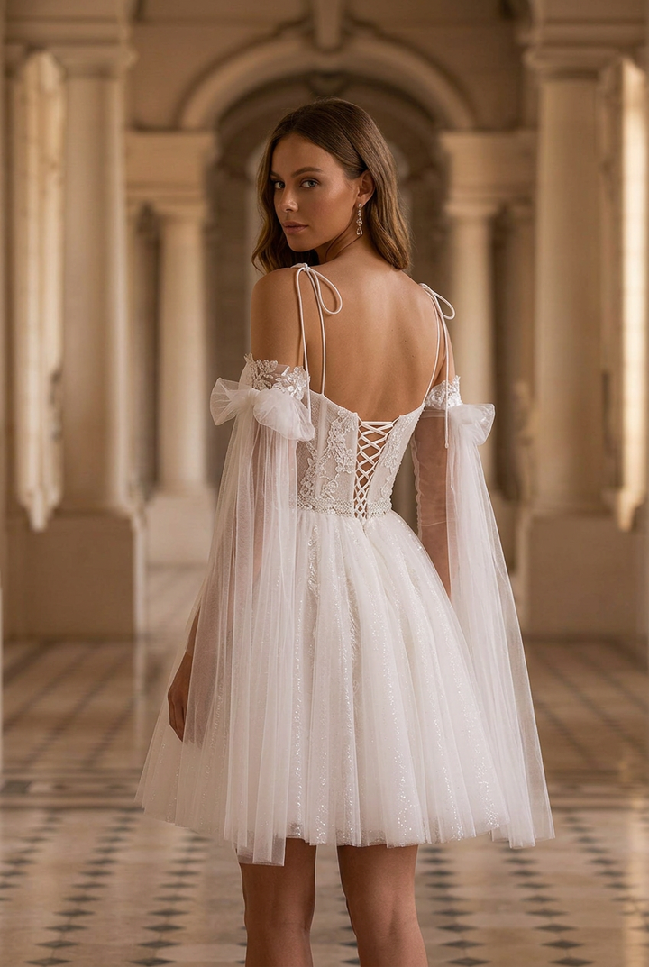 Enchanting Off-Shoulder Short Lace Wedding Dress with Sleeves - Floral Tulle Corset Bridal Gown Plus Size