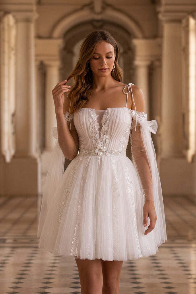 Enchanting Off-Shoulder Short Lace Wedding Dress with Sleeves