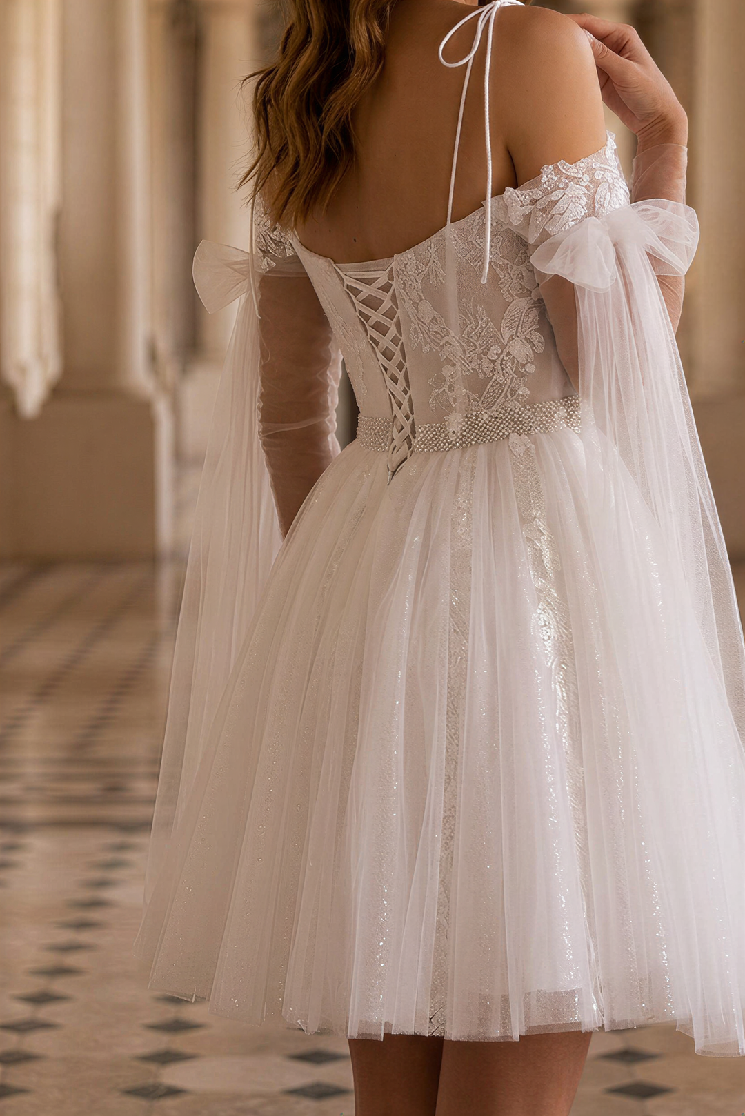 Enchanting Off-Shoulder Short Lace Wedding Dress with Sleeves