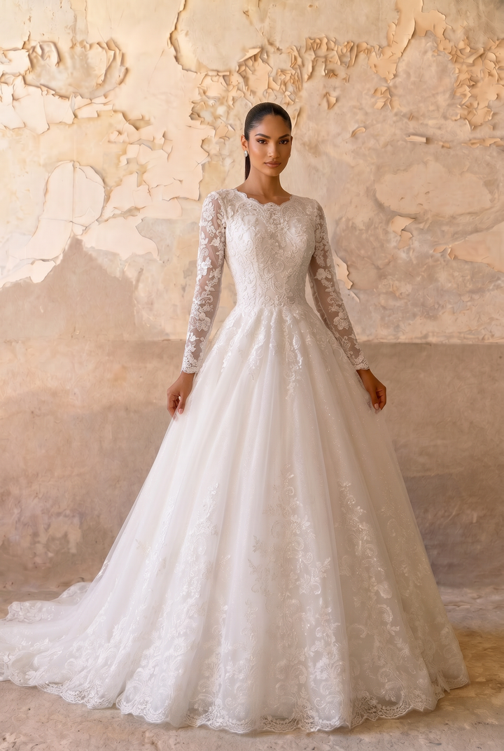 Enchanting Sparkle: Modest Ball Gown Lace Long Sleeve Wedding Dress Plus Size
