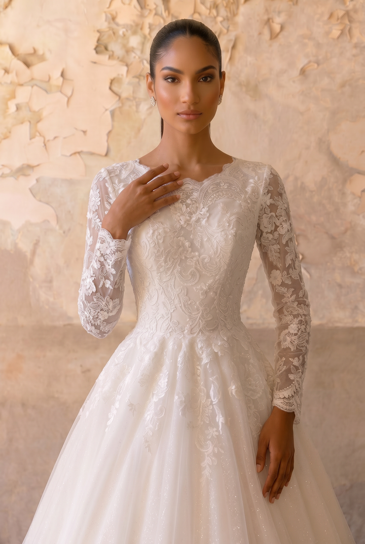 Enchanting Sparkle: Modest Ball Gown Lace Long Sleeve Wedding Dress Plus Size