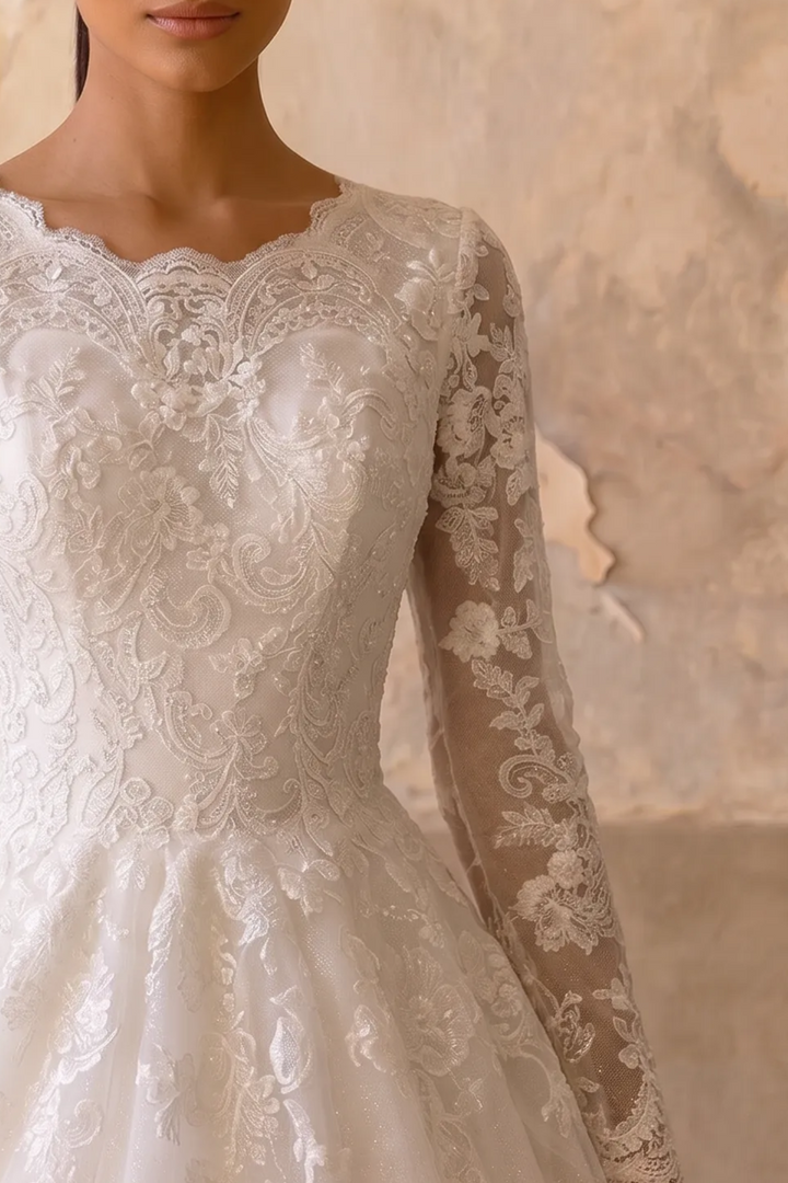 Enchanting Sparkle: Modest Ball Gown Lace Long Sleeve Wedding Dress Plus Size