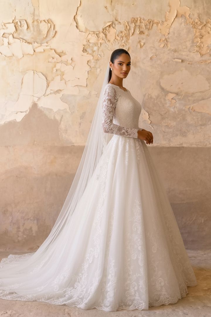 Enchanting Sparkle: Modest Ball Gown Lace Long Sleeve Wedding Dress Plus Size