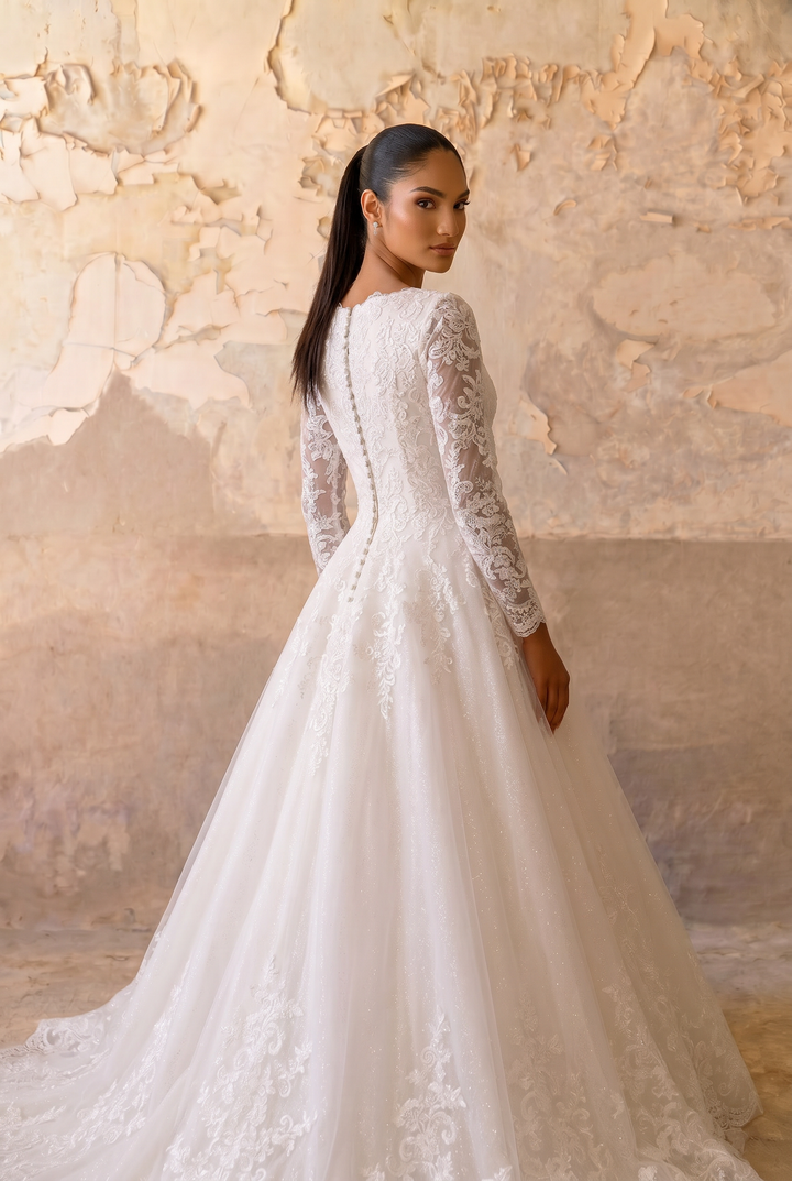 Enchanting Sparkle: Modest Ball Gown Lace Long Sleeve Wedding Dress Plus Size