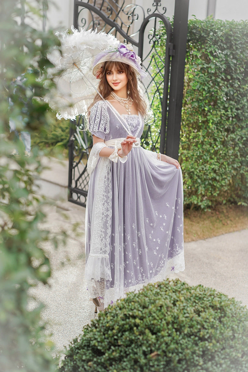 Regency Era Purple Lace Dress Embroidered Empire Waist Ball Gown Plus –  WonderlandByLilian
