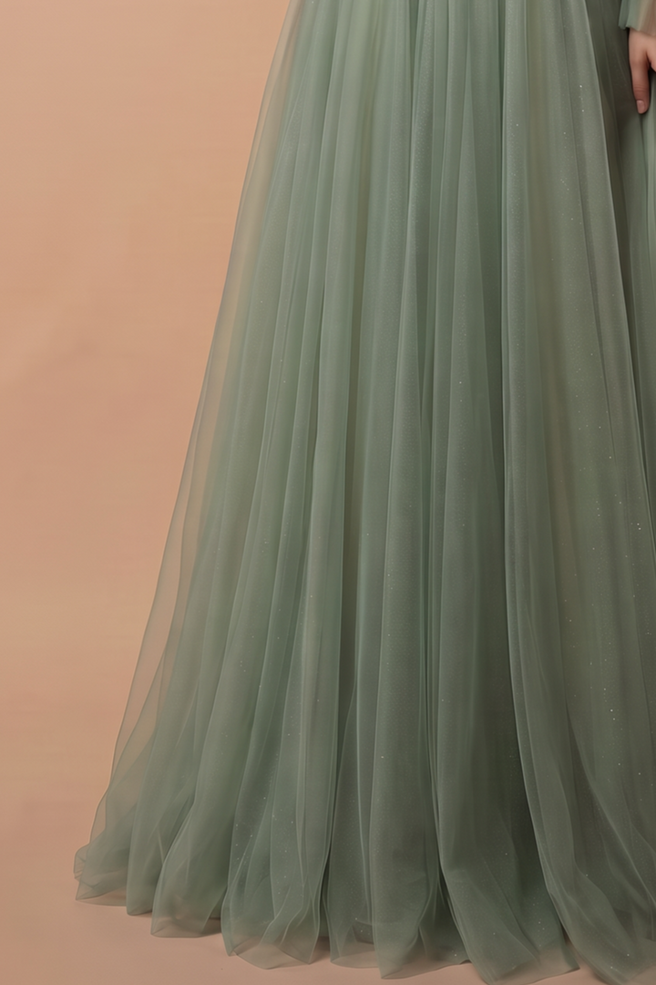 Fairy Sage Green Long Sleeves Evening Dress with V-Neck and Tulle – A-Line Evening Dress with Gold Plus Size