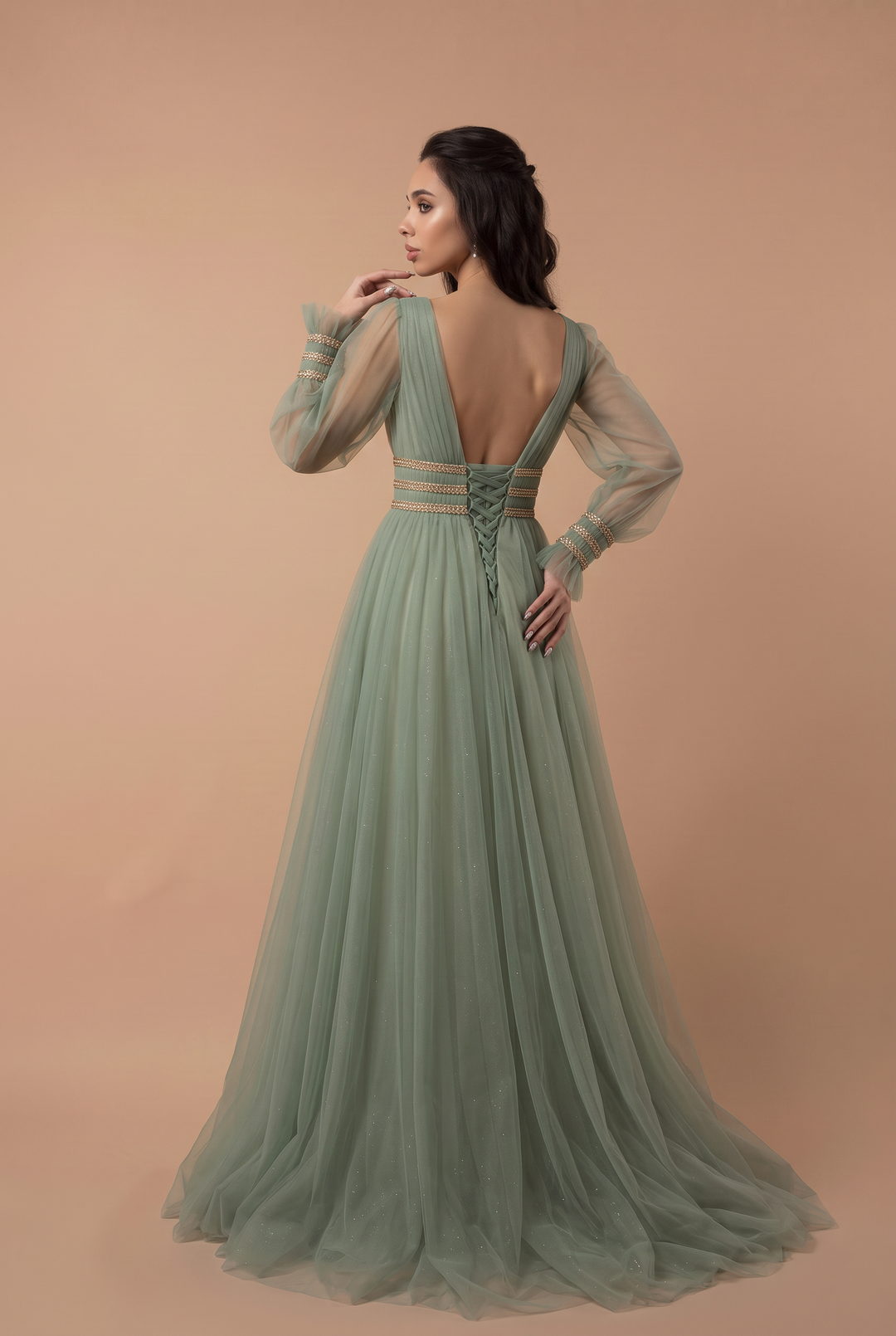 Fairy Sage Green Long Sleeves Evening Dress with V-Neck and Tulle – A-Line Evening Dress with Gold Plus Size