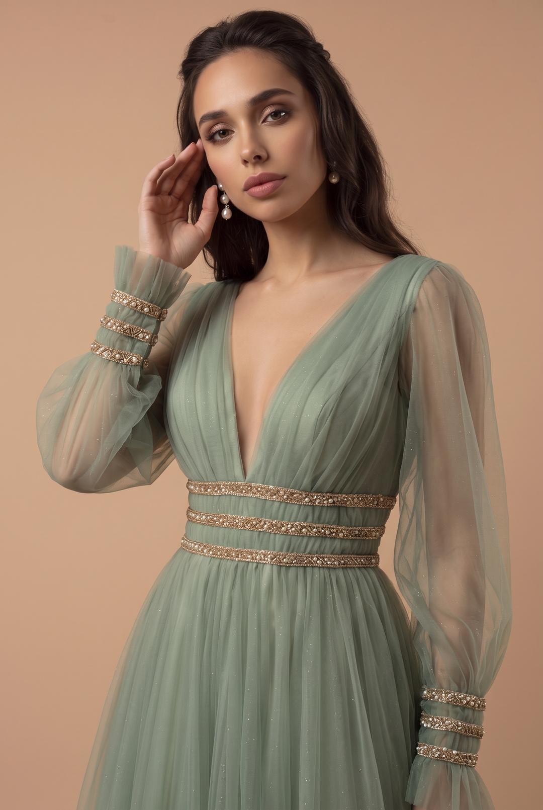 Fairy Sage Green Long Sleeves Evening Dress with V-Neck and Tulle – A-Line Evening Dress with Gold Plus Size