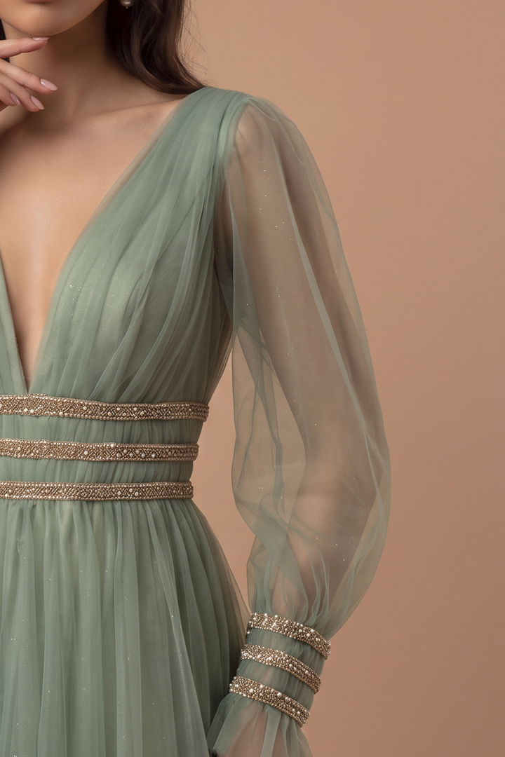 Fairy Sage Green Long Sleeves Evening Dress with V-Neck and Tulle – A-Line Evening Dress with Gold Plus Size