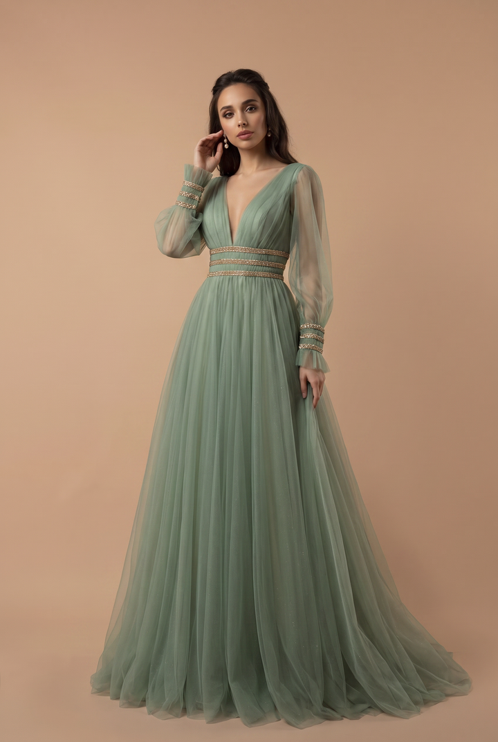 Fairy Sage Green Long Sleeves Evening Dress with V-Neck and Tulle – A-Line Evening Dress with Gold Plus Size