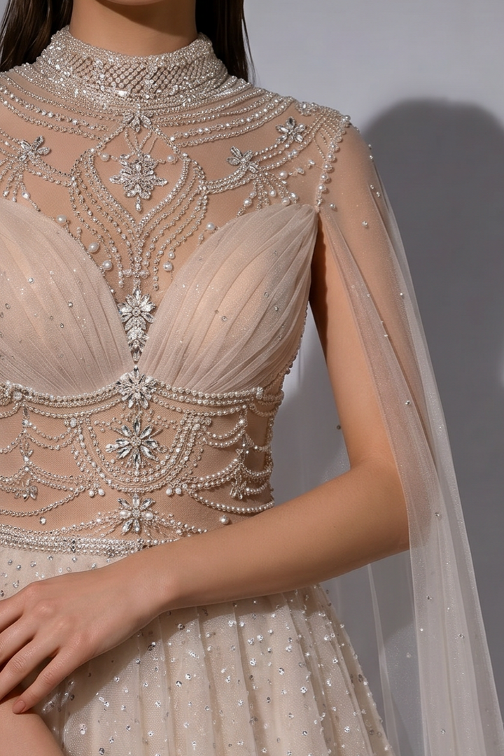 Fairy Tulle Wedding Dress With Cape - White Beaded Ball Gown With Embellished  Plus Size
