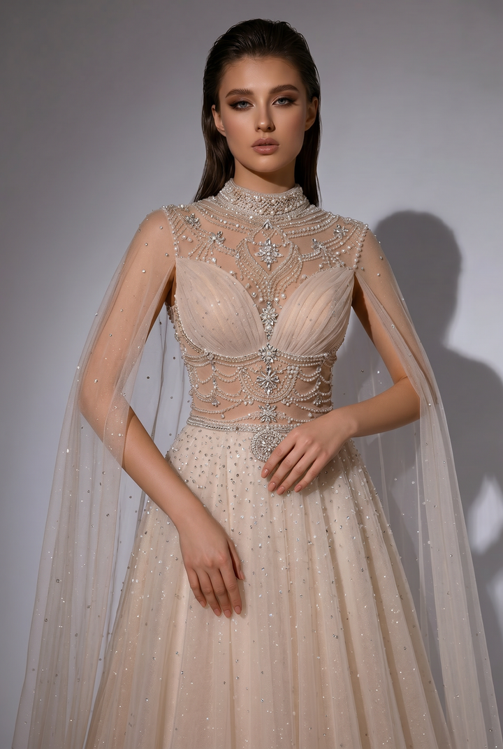 Fairy Tulle Wedding Dress With Cape - White Beaded Ball Gown With Embellished  Plus Size
