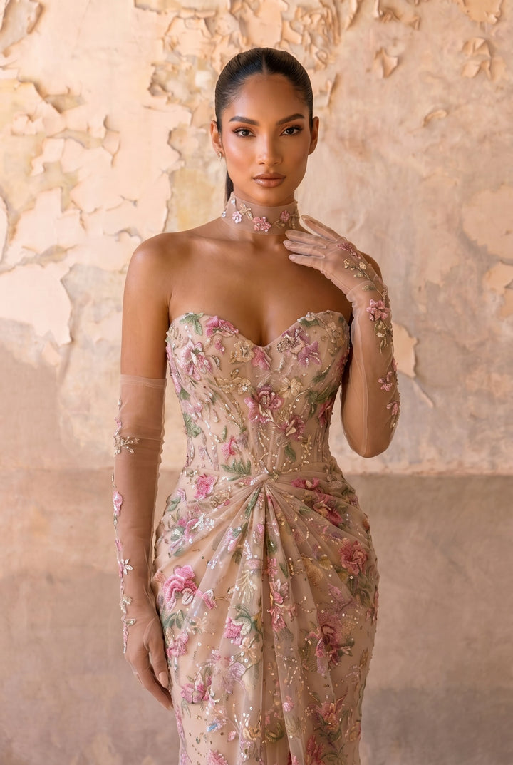 Floral Embroidered Mermaid Evening Gown with Sweetheart Neckline, Detachable Illusion Gloves and Floral Choker – Formal Dress Plus Size