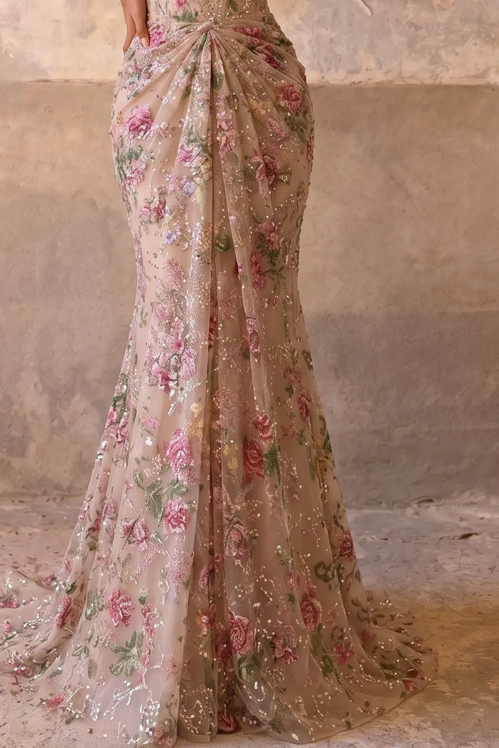 Floral Embroidered Mermaid Evening Gown with Sweetheart Neckline, Detachable Illusion Gloves and Floral Choker – Formal Dress Plus Size