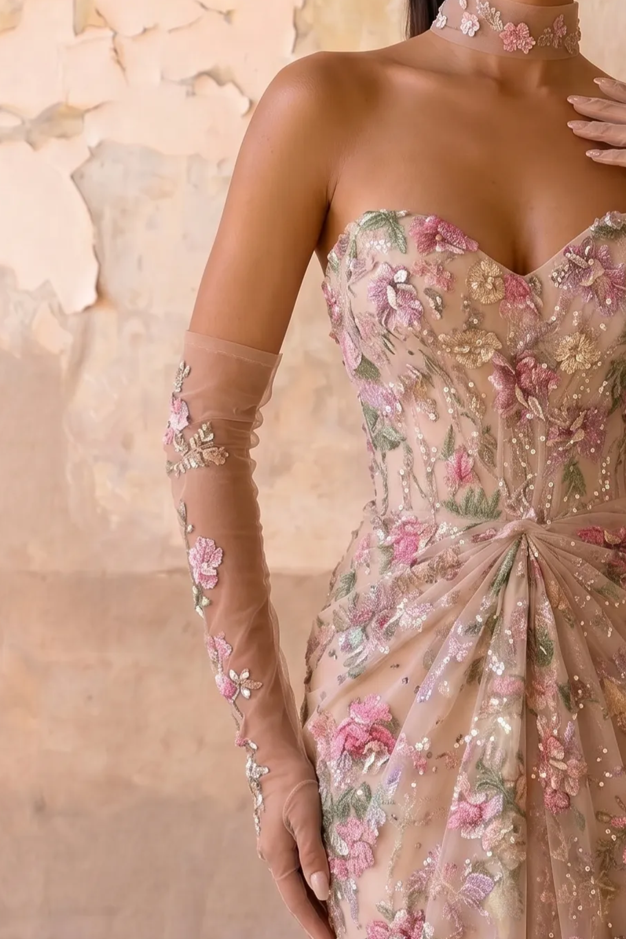 Floral Embroidered Mermaid Evening Gown with Sweetheart Neckline, Detachable Illusion Gloves and Floral Choker – Formal Dress Plus Size
