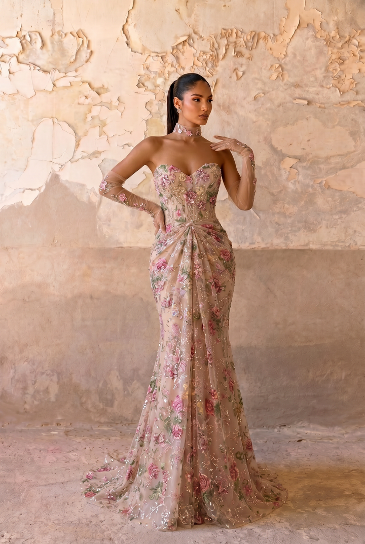 Floral Embroidered Mermaid Evening Gown with Sweetheart Neckline, Detachable Illusion Gloves and Floral Choker – Formal Dress Plus Size