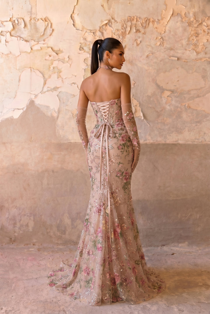 Floral Embroidered Mermaid Evening Gown with Sweetheart Neckline, Detachable Illusion Gloves and Floral Choker – Formal Dress Plus Size