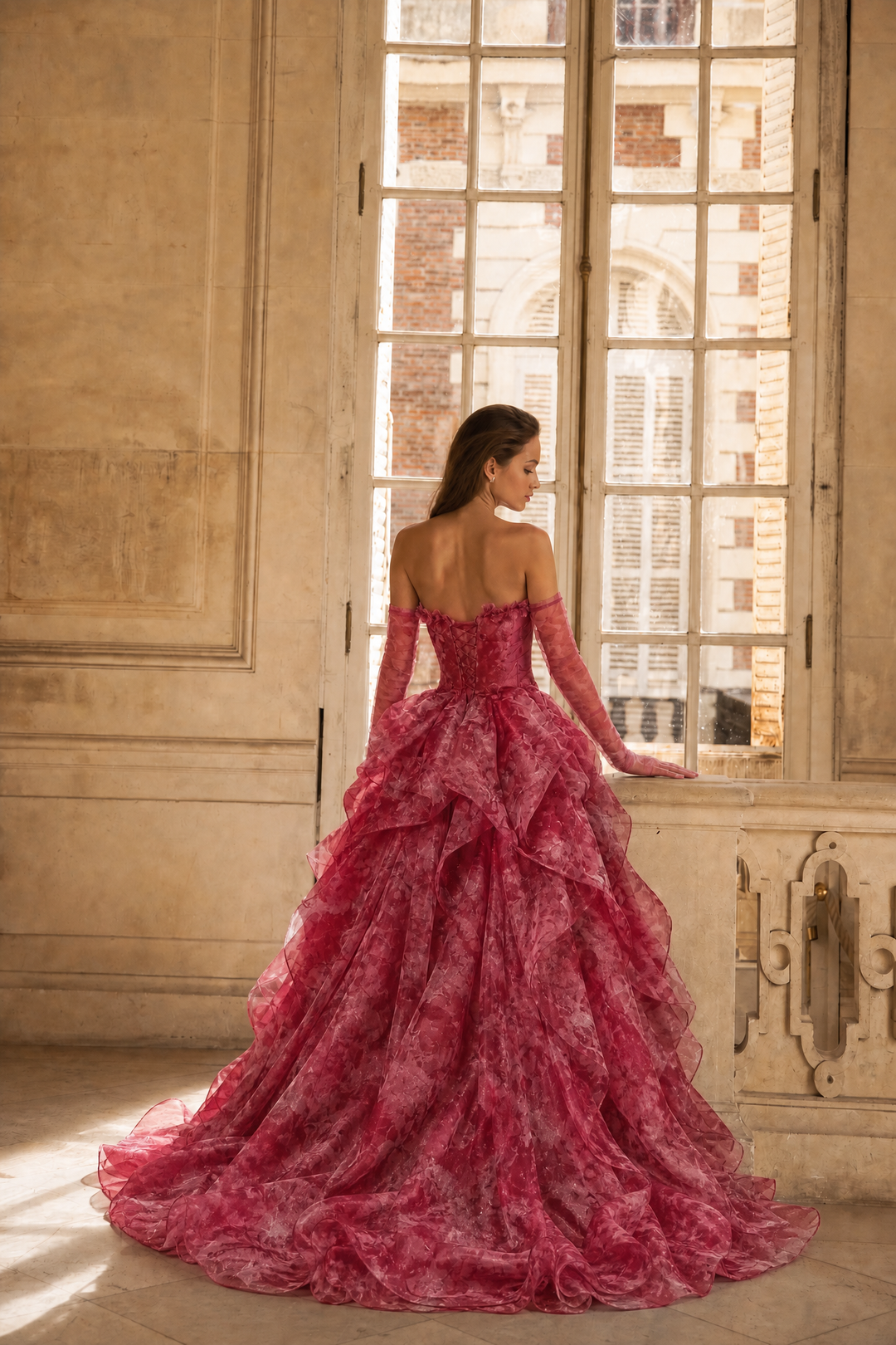 Flower Ball Gown Red Prom Dress – Strapless Evening Dress with Draped Floral Tulle Skirt Plus Size