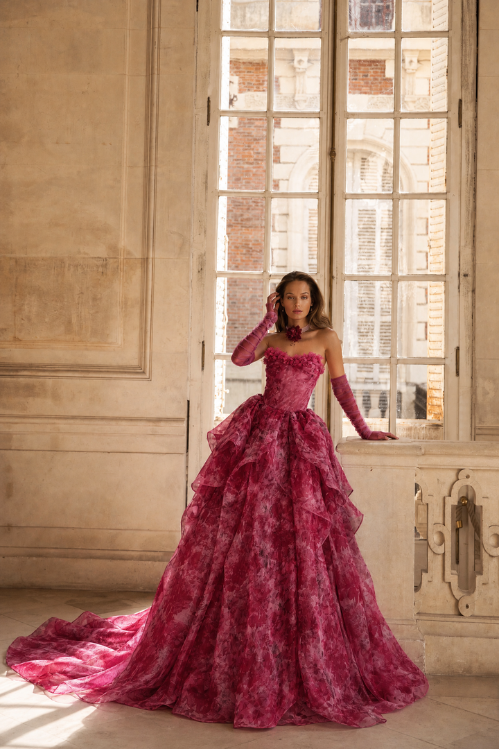 Flower Ball Gown Red Prom Dress – Strapless Evening Dress with Draped Floral Tulle Skirt Plus Size