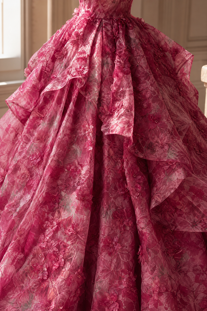 Flower Ball Gown Red Prom Dress – Strapless Evening Dress with Draped Floral Tulle Skirt Plus Size