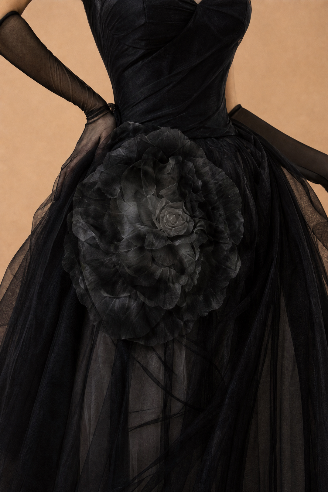 Gothic Black Strapless Evening Gown with Floral Accents and Tulle Skirt - Plus Size
