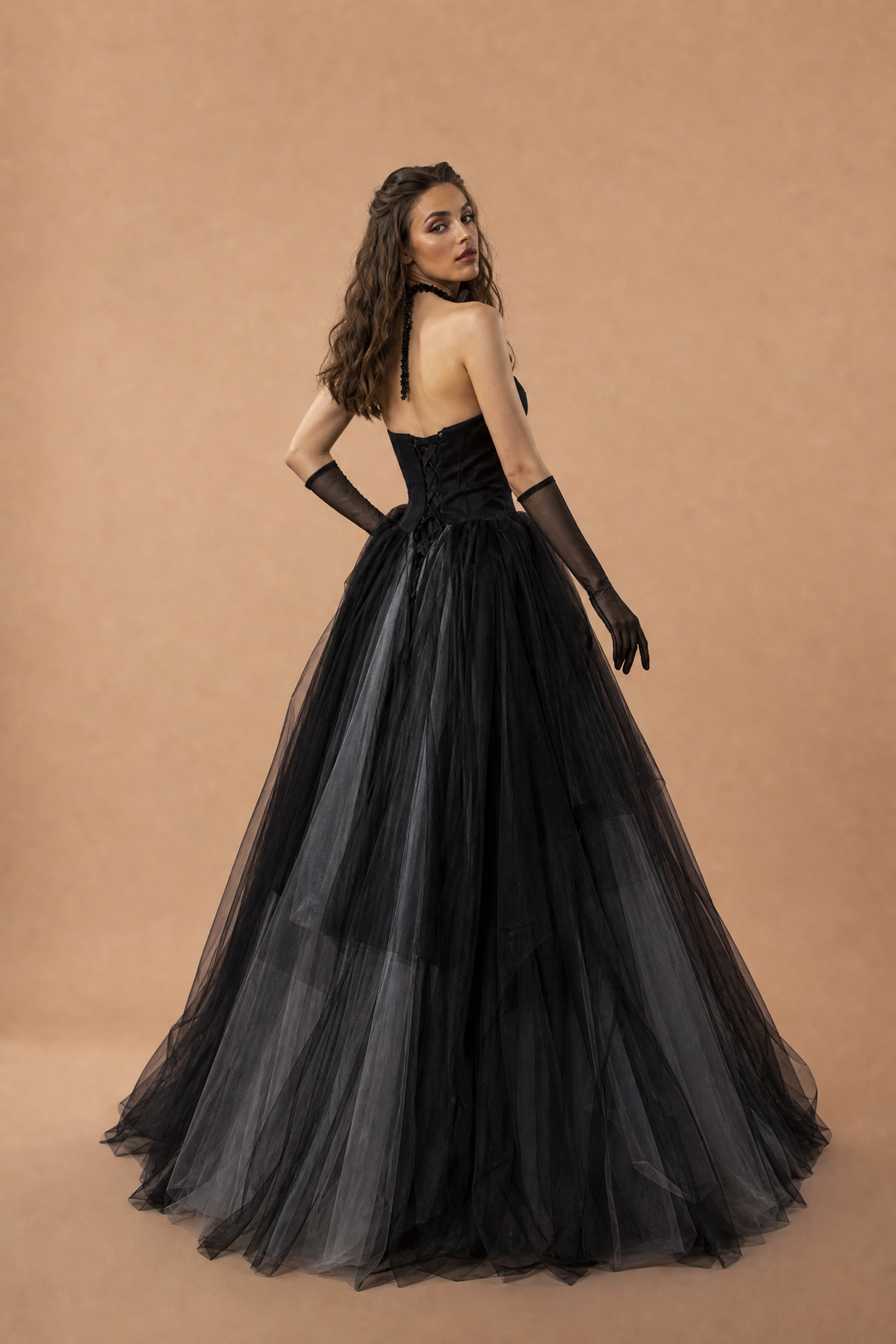 Gothic Black Strapless Evening Gown with Floral Accents and Tulle Skirt - Plus Size