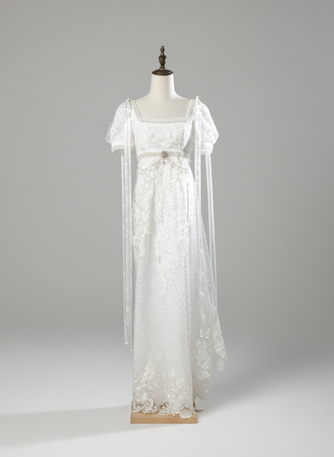 Regency Era White Empire Waist Dress with Puff Sleeves and Lace Overlay – Bridgerton Inspired Gown Plus Size