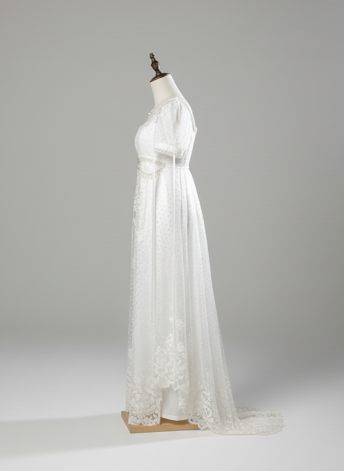 Regency Era White Empire Waist Dress with Puff Sleeves and Lace Overlay – Bridgerton Inspired Gown Plus Size