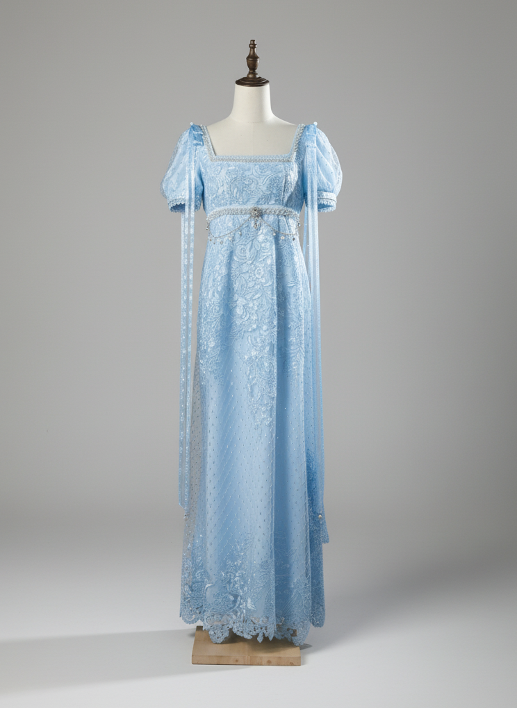 Regency Era Light Blue Empire Waist Dress with Puff Sleeves and Lace Overlay – Bridgerton Inspired Gown Plus Size