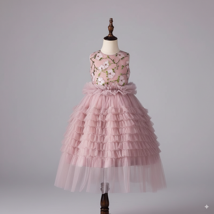 Blush Pink Layered Tulle Ruffle Flower Girl Dress with Embroidered – Special Occasion Flower Girl dress Plus Size