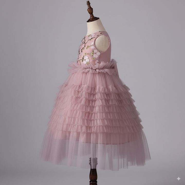 Blush Pink Layered Tulle Ruffle Flower Girl Dress with Embroidered – Special Occasion Flower Girl dress Plus Size
