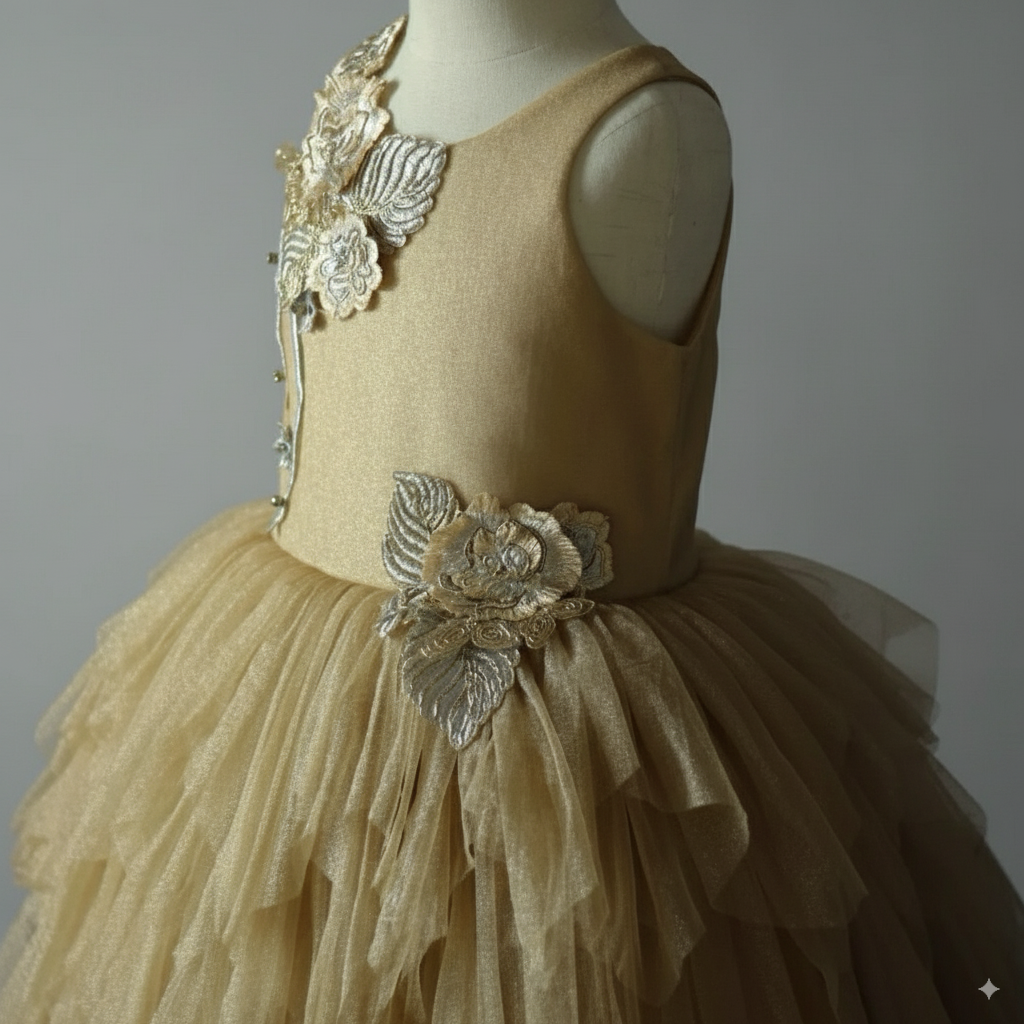 Golden Tulle Flower Girl Dress with 3D Floral Appliqué – Special Occasion Flower Girl Dress with Cape Plus Size