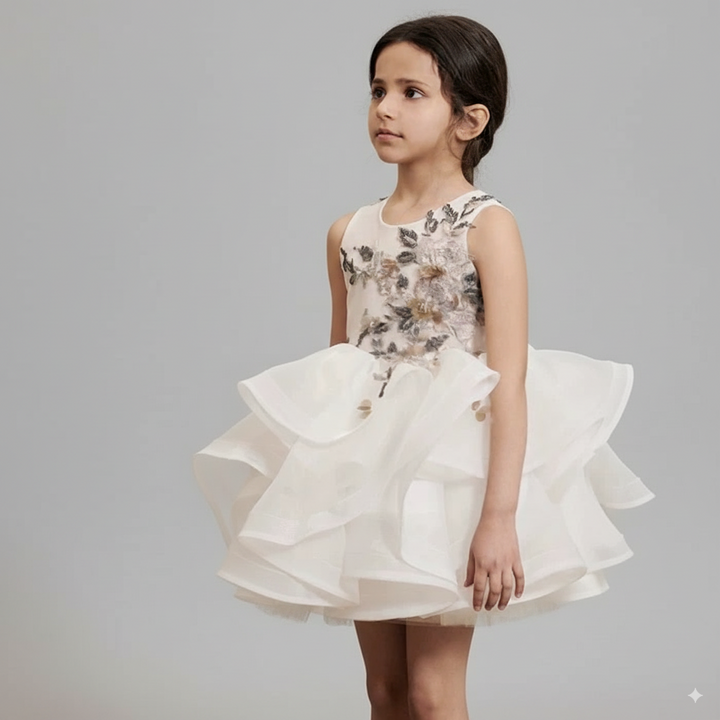 White Tulle Flower Girl Dress with 3D Floral Embroidery – Special Occasion Flower Girl Dress Plus Size