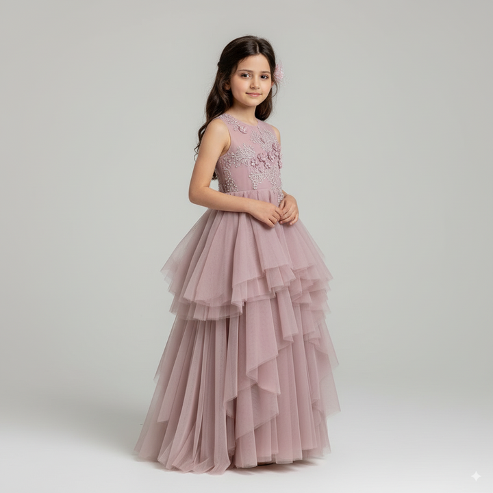 Dusty Rose Pink Layered Tulle Flower Girl Dress with 3D Floral Appliqué – Special Occasion Flower Girl Dress Plus Size