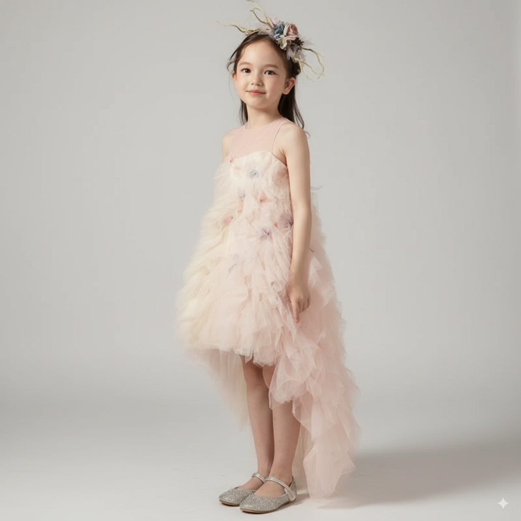 Blush Pink Tulle Flower Girl Dress with Butterfly Appliqué – Special Occasion Flower Girl Dress with Sleeveless Plus Size